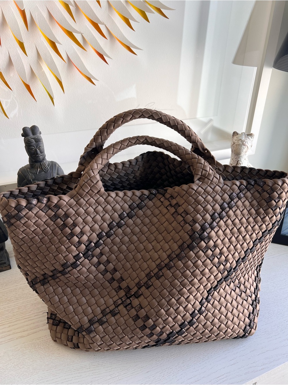 Naghedi Brown Woven Tote with Black Accent
